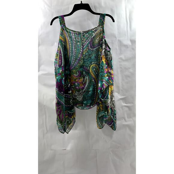 MANDEE Women's Green Sheer Printed Straight-Neck Cutout Shoulder Top SZ S - Picture 2 of 8